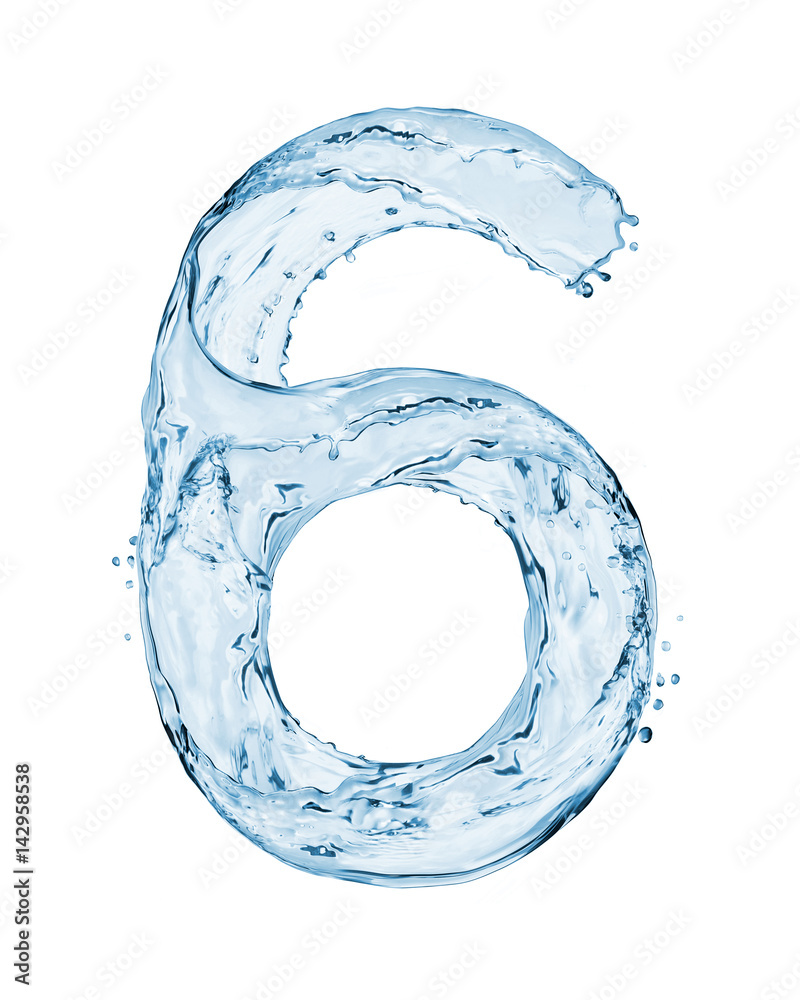 Number 6 made with a splashes of water isolated on white background - obrazy, fototapety, plakaty 