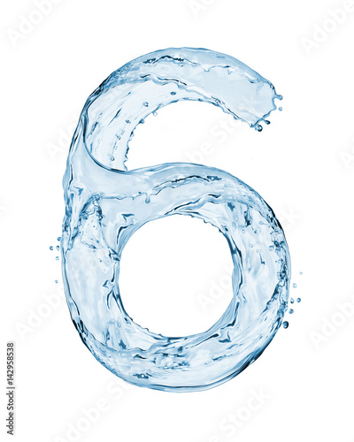Number 6 made with a splashes of water isolated on white background