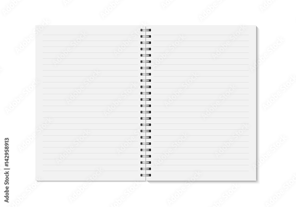 Vector realistic opened notebook. Vertical blank copybook with metallic silver spiral. Template (mock up) of organizer or diary isolated. Horizontal lined notebook. Vector realistic opened notebook. Vertical blank copybook with metallic silver spiral. Template (mock up) of organizer or diary isolated. Horizontal lined notebook.