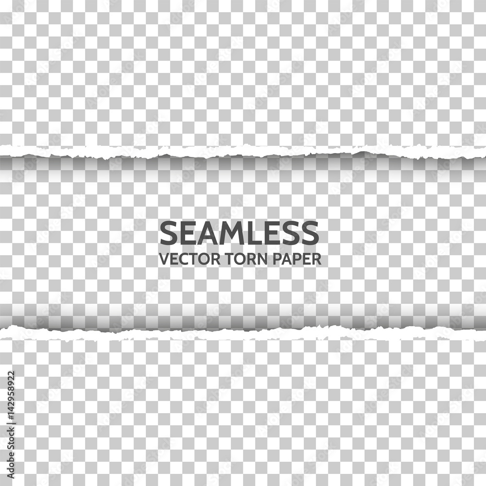 Vector seamless torn paper on transparent background. Isolated ripped paper edge with soft shadow. Template for your design. Sample text