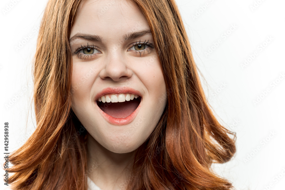 woman fun red hair white background woman fun red hair white background