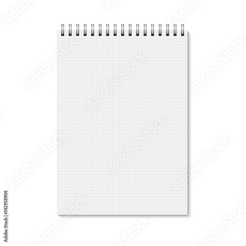 Vector realistic closed notebook. Vertical blank copybook with metallic silver spiral. Template (mock up) of organizer or diary isolated. Cell lined notebook