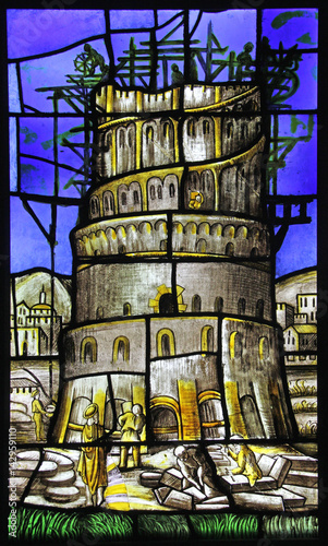 la torre di Babele; vetrata del Duomo di Milano photo