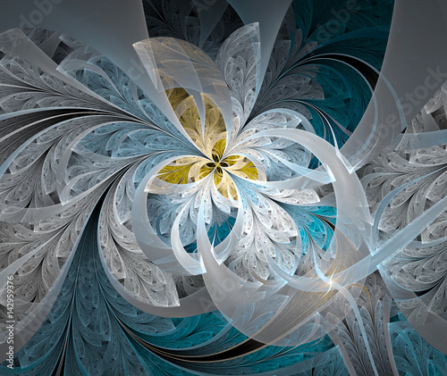 Abstract Fractal White Flower on a Blue Background.