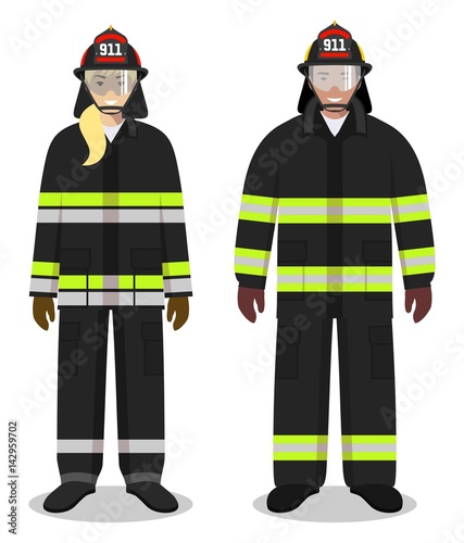 Firefighter concept. Couple of fireman and firewoman standing together on white background in flat style. Flat design people characters. Vector illustration.