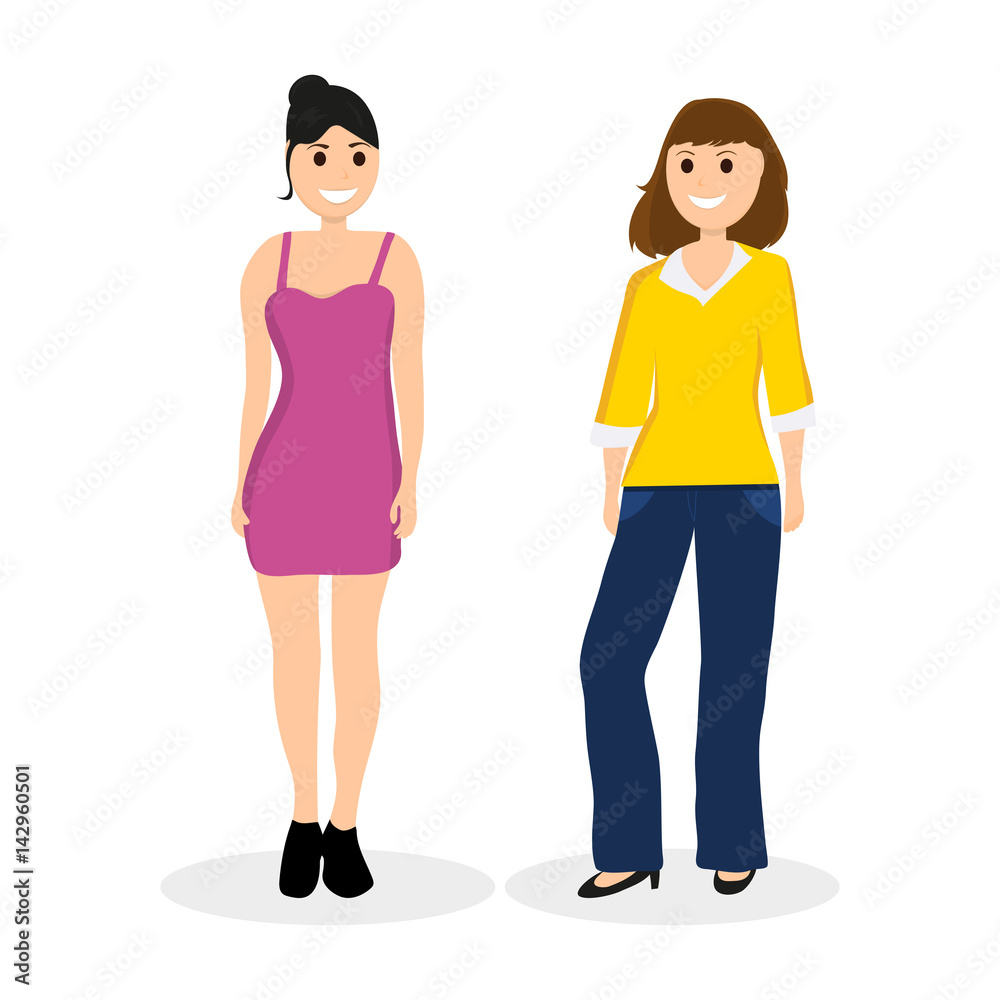 Women young girlfriends communicate, vector illustration on a wh Women young girlfriends communicate, vector illustration on a wh