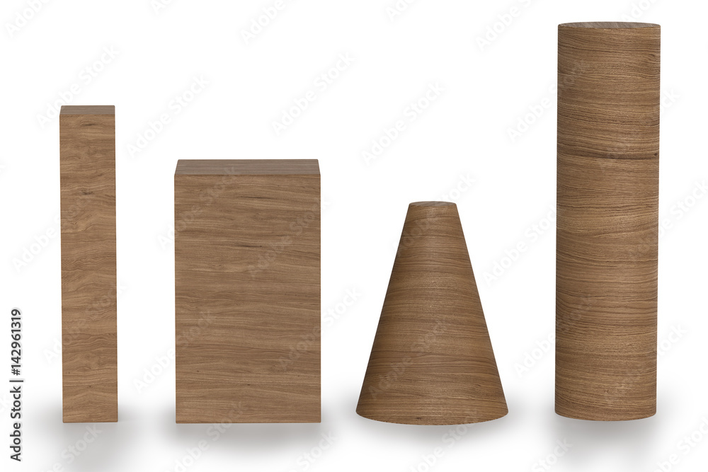 Wood 3D rendering of geometric figures with shadows isolated Wood 3D rendering of geometric figures with shadows isolated