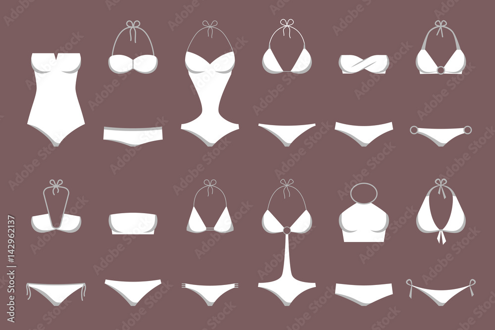 Vector illustration of women's swimsuit design set. Fashion bikini ...