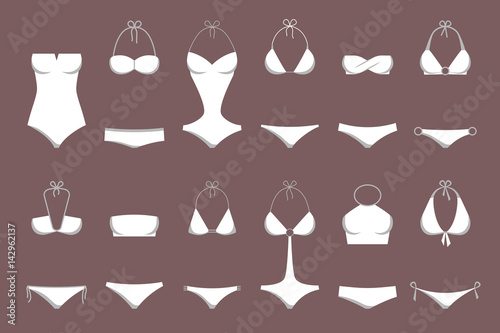 Vector illustration of women's swimsuit design set. Fashion bikini collection. Female stylish swimwear silhouettes isolated. Flat beach clothing underwear.