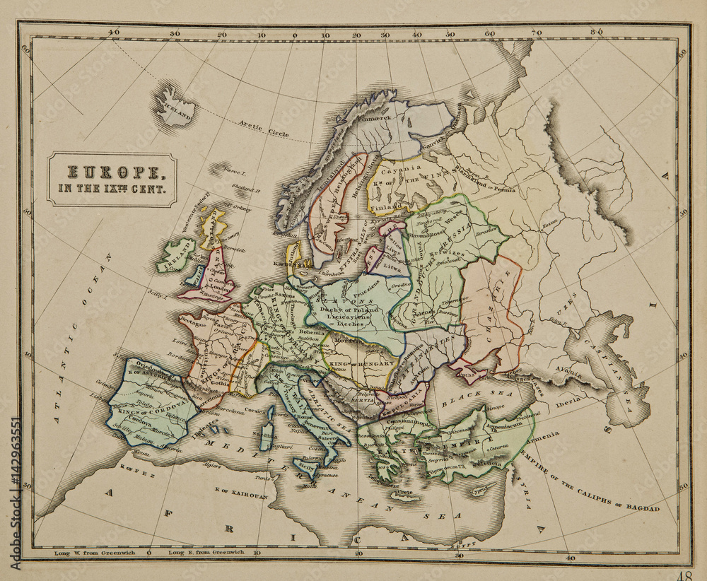 Europe IX century.  Ancient map of the world Ancient map of the world . Published by George Philip and son at London 1857 and  are not subject to copyright.