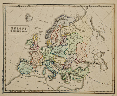 Europe IX century.  Ancient map of the world Ancient map of the world . Published by George Philip and son at London 1857 and  are not subject to copyright.
