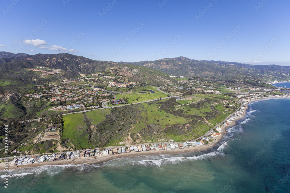 Malibu California pacific ocean shoreline homes, bluffs and beaches. 