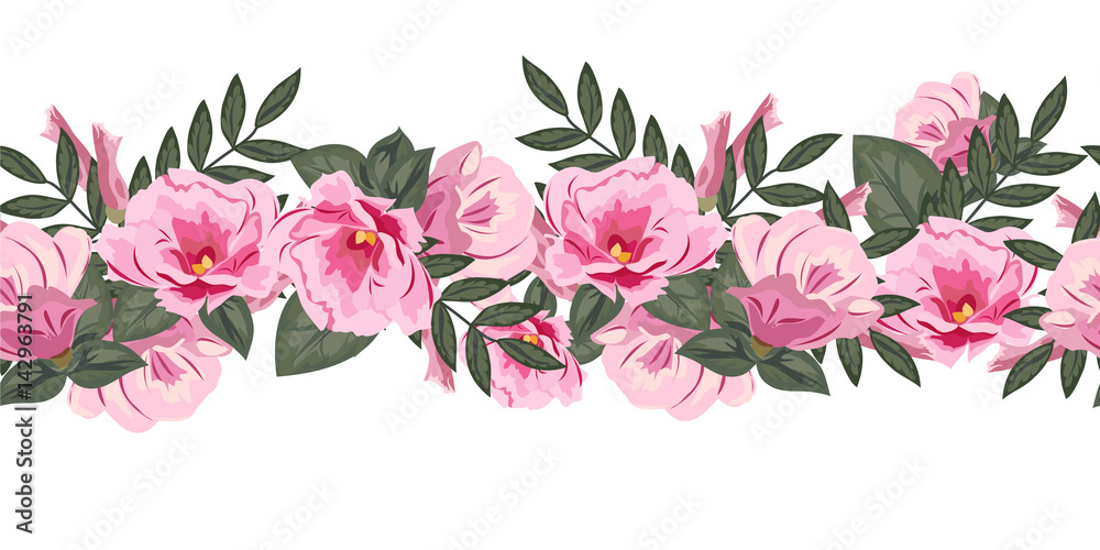 Seamless floral border with cute pink flowers. Hand-drawn pattern on white background. Design element for cards, invitations, wedding, congratulations. Seamless floral border with cute pink flowers. Hand-drawn pattern on white background. Design element for cards, invitations, wedding, congratulations.