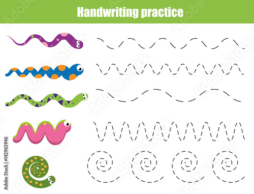 Handwriting practice sheet. Educational children game, printable worksheet for kids with wavy lines and snakes