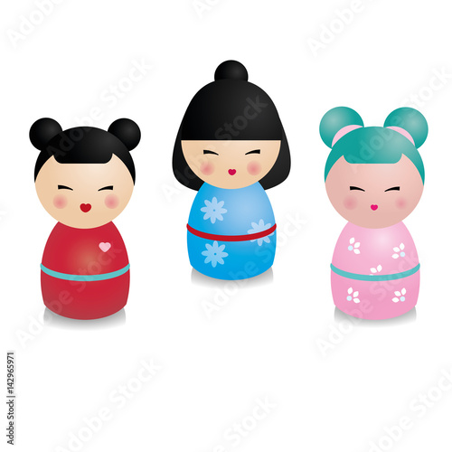 Cute kawaii kokeshi set. Traditional japanese dolls in realistic style. Stickers, design elements