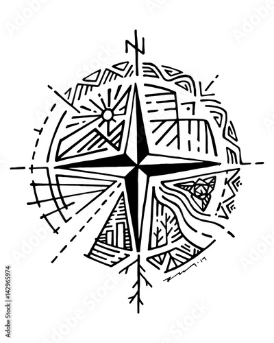 Hand drawn compass and symbols vector illustration