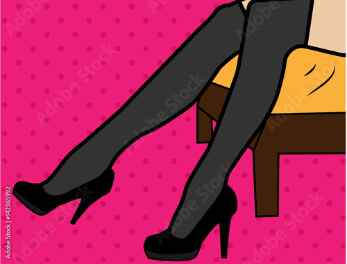 Sexy women legs in high heels shoes and black stockings. Pop art style erotic illustration
