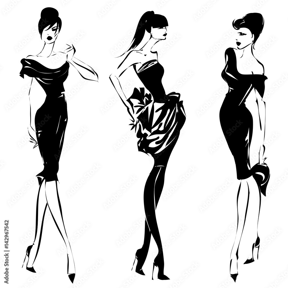 Black and white retro set, fashion models silhouette sketch style. Hand drawn vector illustration Black and white retro set, fashion models silhouette sketch style. Hand drawn vector illustration