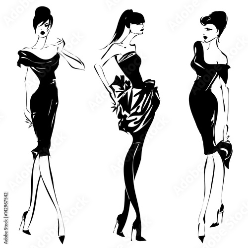 Black and white retro set, fashion models silhouette sketch style. Hand drawn vector illustration