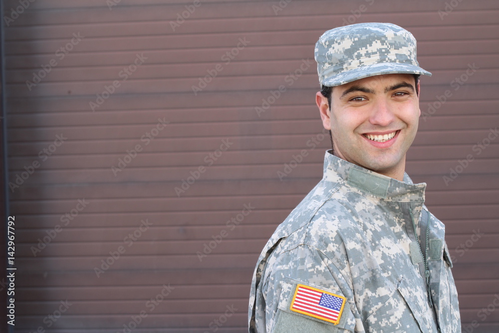 Soldier smiling close up isolated with copy space Soldier smiling close up isolated with copy space