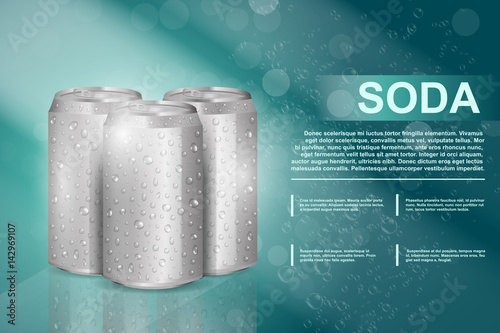 Vector realistic ads template for soda production. Mockup for advertising, covering, branding and corporate design identity. Illustration of aluminum soda can with water droplets.