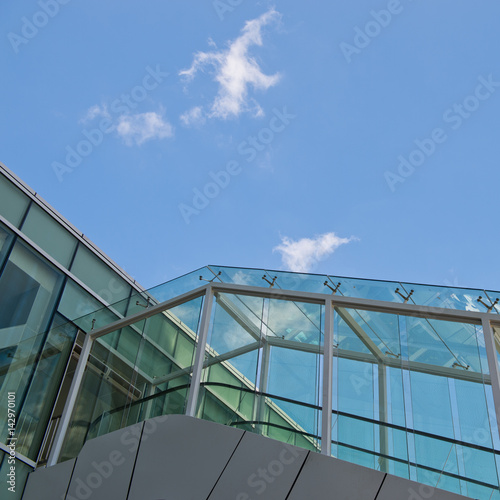 Glass stairs to the large business conference center.