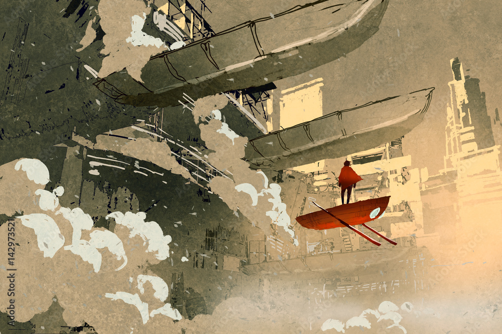 Fototapeta premium sci-fi scene of the man on with the flying vehicle floating in futuristic city,illustration painting