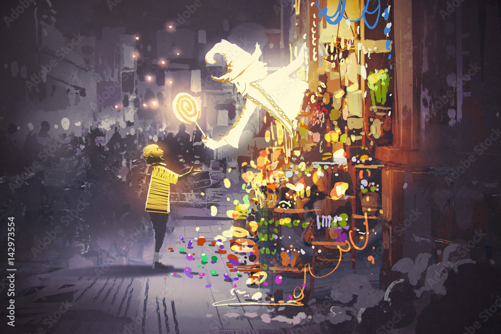Fototapeta premium the white wizard giving a magic lollipop to little boy, fantasy candy shop, illustration painting