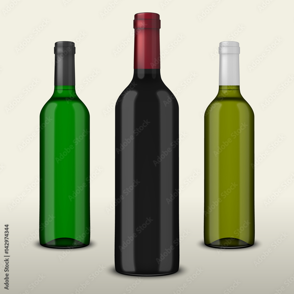 Set 3 realistic vector bottles of wine without labels isolated on white ...