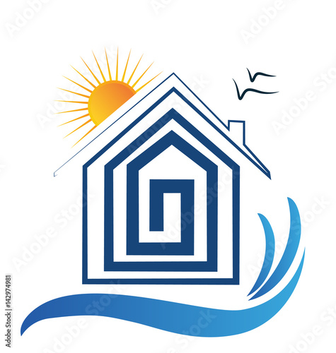 House on the beach, sun and birds logo