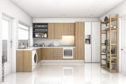 3d rendering wood modern laundry room and kitchen