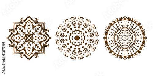 Henna tattoo brown mehndi flower template doodle ornamental lace decorative element and indian design pattern paisley arabesque mhendi embellishment vector.