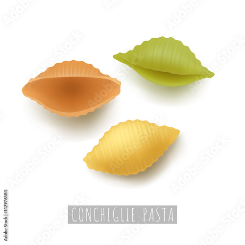 Conchiglie colorful pasta. Icon of italian traditional pasta. Flour wheat product of italy kitchen. Cartoon vector illustration isolated on white background photo
