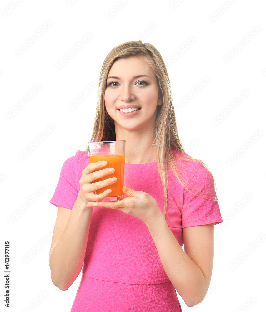 Beautiful young woman with glass of fresh juice on white background Beautiful young woman with glass of fresh juice on white background