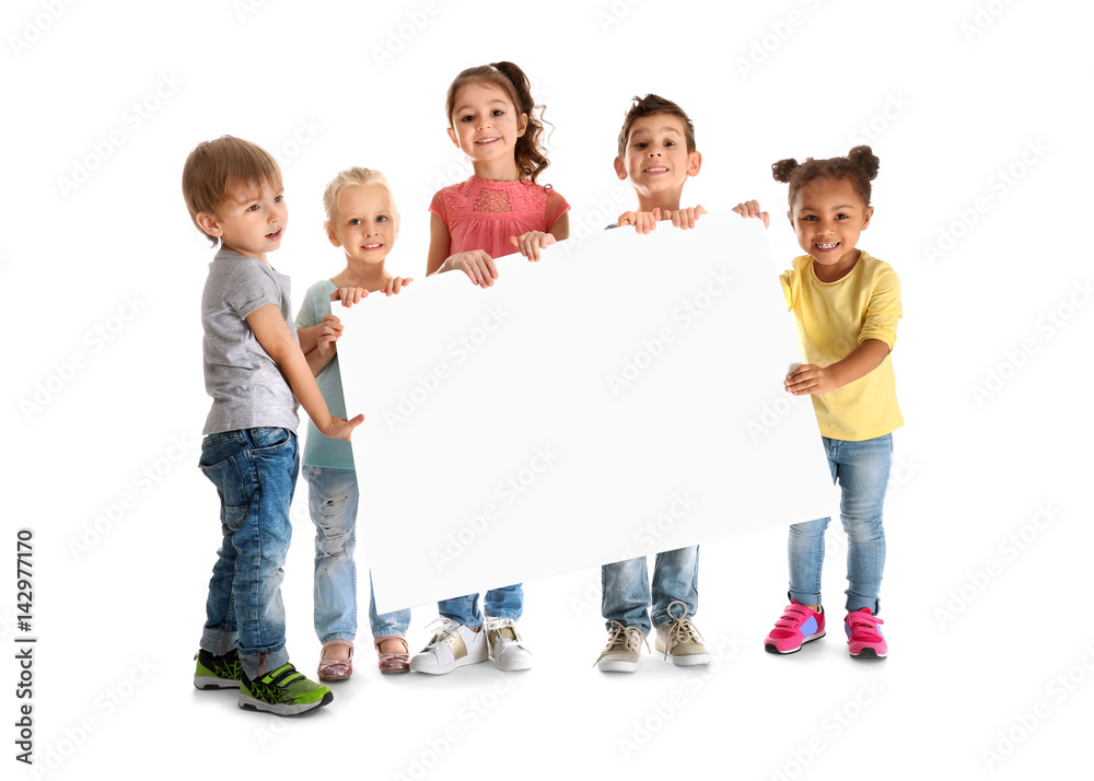 Cute little children with poster on white background