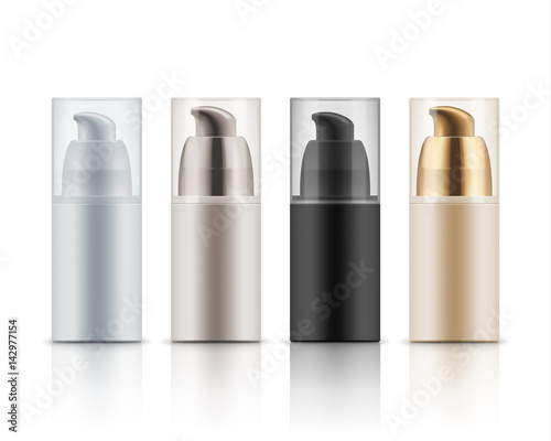 Mock up of plastic cosmetic bottles. Blank template of realistic package of gel or foam for shave, care cream. Vector illustration isolated on white background. White, black, beige and golden colors