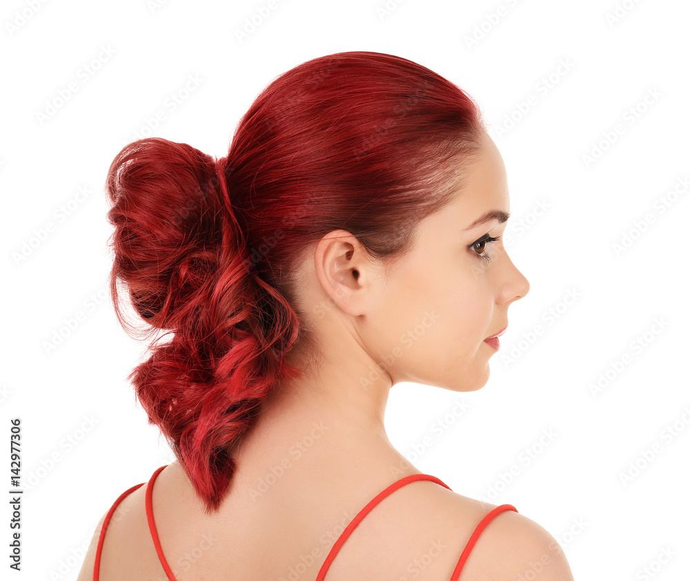 Naklejka premium Beautiful young woman with dyed hair on white background