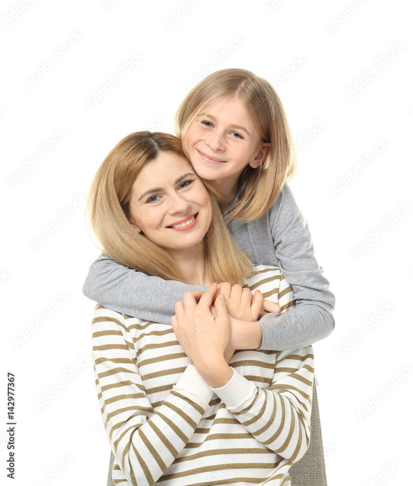 Happy mother and daughter on white background Happy mother and daughter on white background