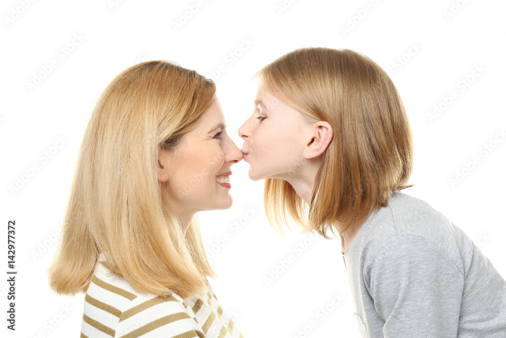 Happy mother and daughter on white background Happy mother and daughter on white background