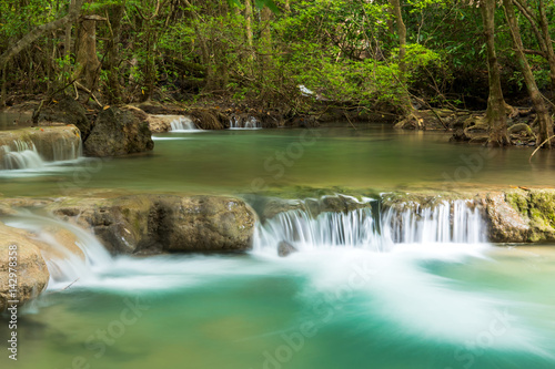 Green nature with green waterfall landscape, Erawan waterfall located Khanchanaburi Province, Thailand
