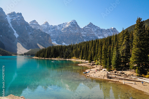 Rocky Mountains reflecting in Lake Moraine, Alberta, Canada. Icefields Parkway, Banff National Park.