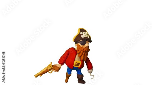 Funny Cartoon Pirate running and shooting his gun. Clay animation. 4K