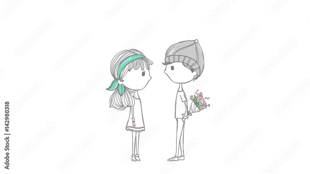 Cute animation cartoon lover couple with boy and girl in stylish doodle  design. Teenage boyfriend is giving flower bouquet to his girlfriend and  kiss her forehead with love in happy valentine concept