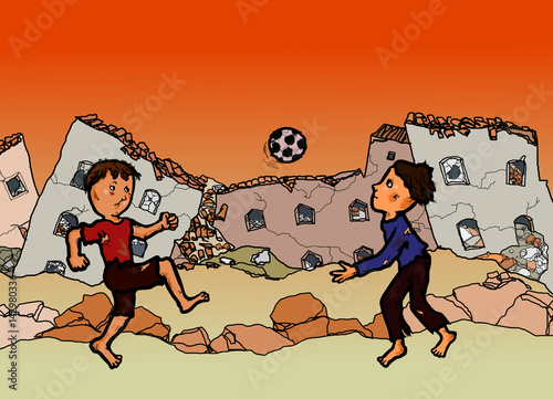 War Victim Refugee Children Playing Football in War Zone.