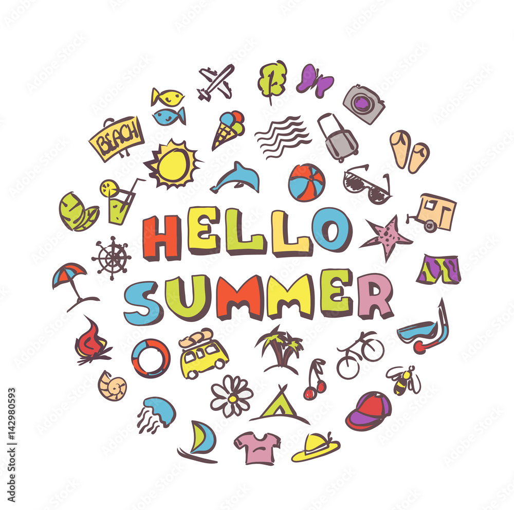 vector doodle summer icons set vector doodle summer icons set