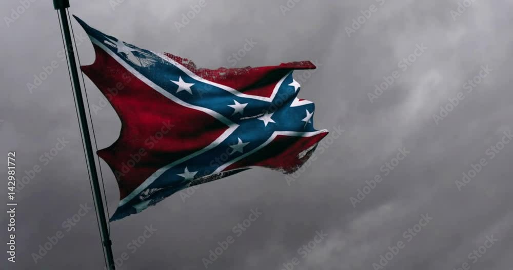 ripped tear grunge old closeup of waving confederate animation flag of the national states of america us, fabric texture american symbol sign on cloudy sky, dark mystery style atmosphere