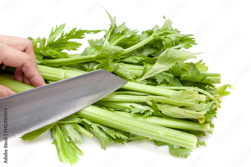 Cutting celery with knife on white background isolated