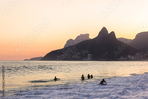 Sunset view of Ipanema beach with Dois Irmãos moutains on the background