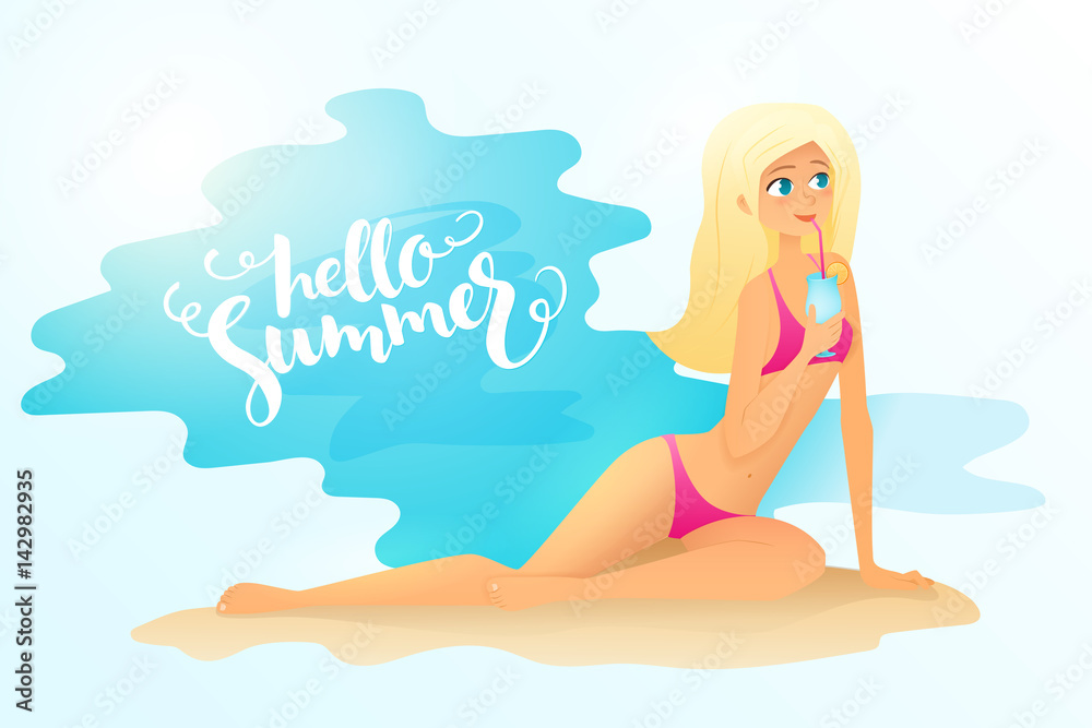 vector illustration of detailed flat blonde girl holding a cocktail. She is lying on a beach. Poster with lettering - hello summer
