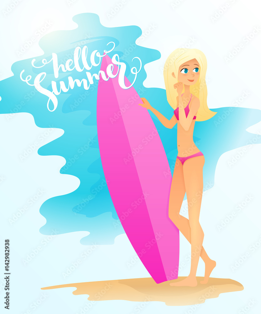 vector illustration of detailed flat blonde girl standing with surfboard on a beach with lettering - hello summer